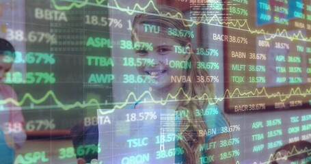 Image of financial data processing over diverse group of pupils