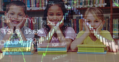Image of financial data processing over diverse group of pupils