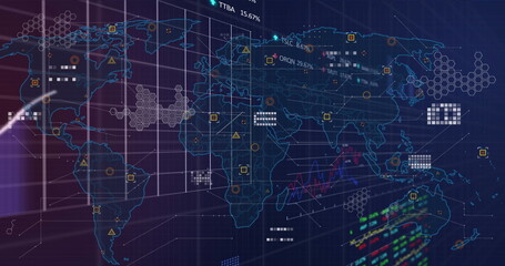 Displaying world map interface with gridlines, warning icons, numeric text stream on dashboard