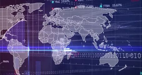 Displaying world map outline floating on grid screen, with binary, bar chart, ticker data