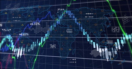 Displaying candlestick chart tracing trend lines in digital trading dashboard, with map overlay