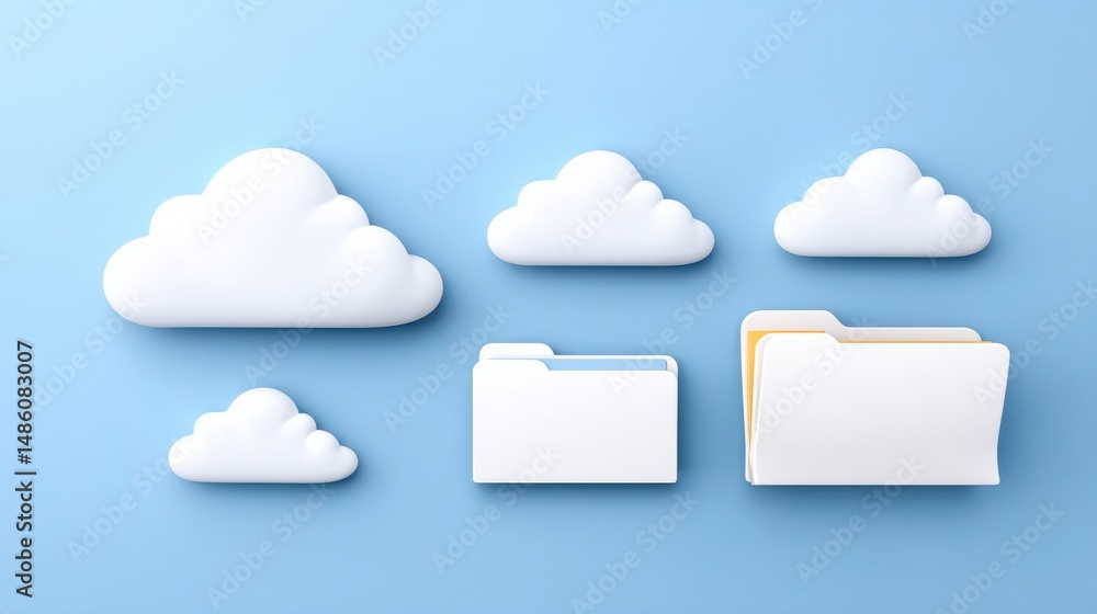 Poster cloud and folder icons on a blue background symbolize cloud storage and digital file management.