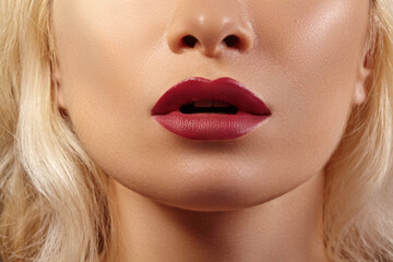 Sexy Part of Female Face with Plump Red Lips, Perfect Chin Shapes and Smooth Skin. Fashion Lip...