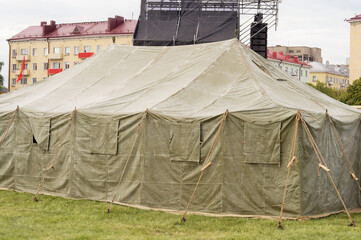 Army. Large multifunctional army tent assembled