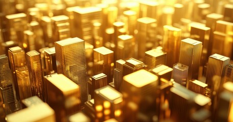Fototapeta premium Golden Light and Reflections Flow Through Futuristic Cityscapes, Blending Realism and Abstraction to Evoke Innovation and Urban Energy.