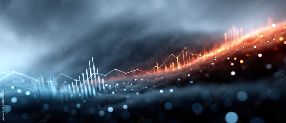 Poster abstract digital landscape with glowing data lines, bar graphs, and bokeh lights, suggesting analyti