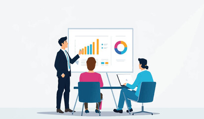 Fototapeta premium Business Presentation: Team Analyzing Data and Charts, Collaborative Meeting, Corporate Strategy Discussion