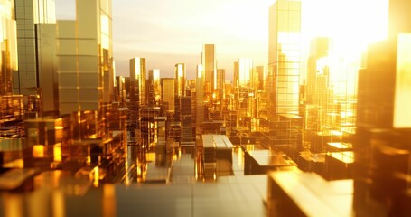 Obraz premium Golden Light and Reflections Flow Through Futuristic Cityscapes, Blending Realism and Abstraction to Evoke Innovation and Urban Energy.