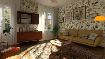 A sunlit living room with vintage style decor.