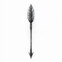Detailed monochrome illustration of a traditional arrow with feathered fletching and a pointed triangular arrowhead on a plain white background