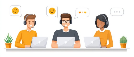 Three diverse customer support agents wearing headsets work on laptops with chat bubbles above, showing positive communication and teamwork.