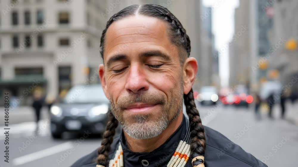 Poster man with dreadlocks is smiling in front of a building. the man is wearing a black jacket and a neckl