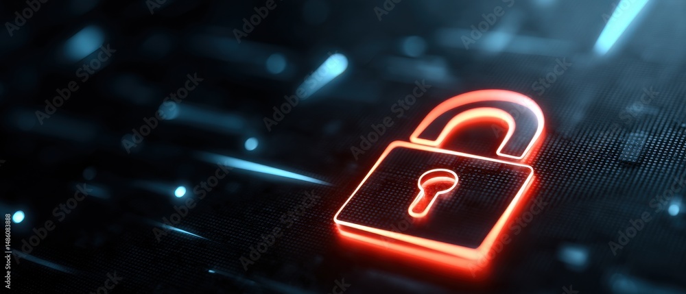 Poster a glowing red unlocked padlock symbolizing cybersecurity vulnerability on a digital background.