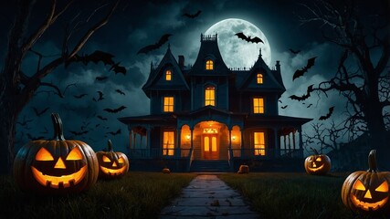Spooky Halloween night with a haunted house, glowing jack-o'-lanterns, eerie full moon, and flying bats, cinematic