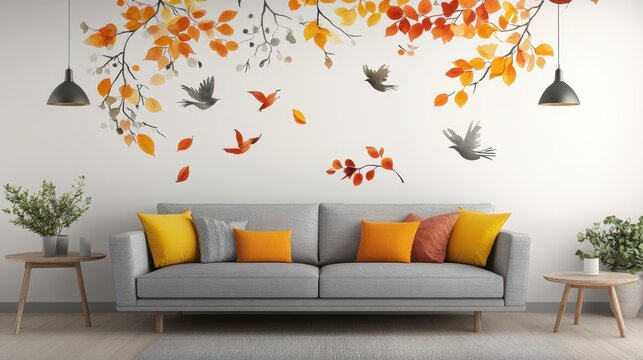 Autumnal design decor featuring flying birds and leaves.