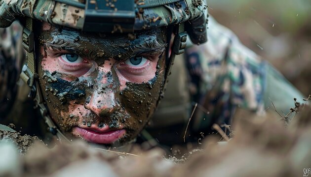 Soldier With Mud Covered Face During Military Training Exercise