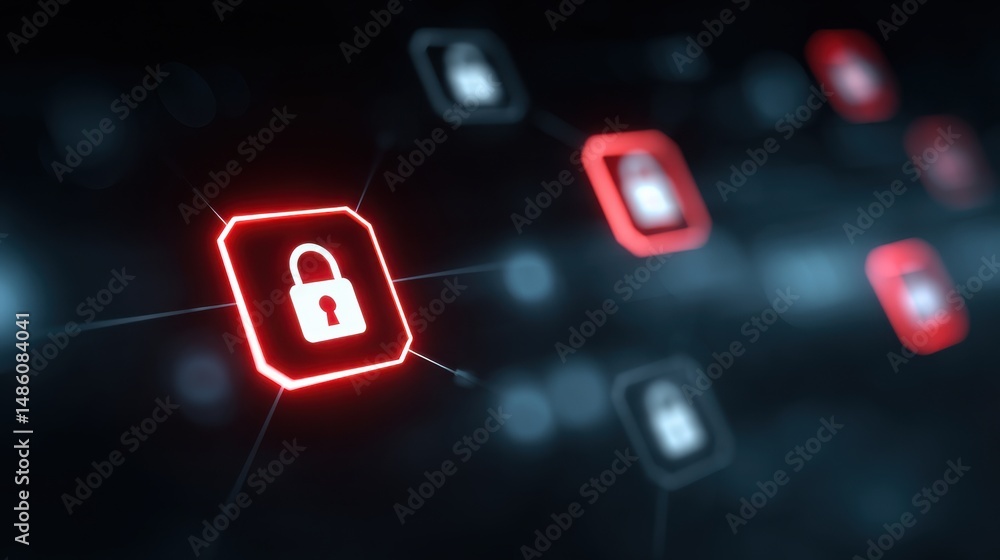 Poster digital padlock symbolizing cybersecurity and data protection on a dark, futuristic network backgrou
