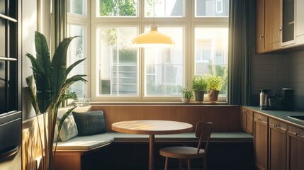 Obraz premium Sun-drenched, cozy kitchen with bay window seat