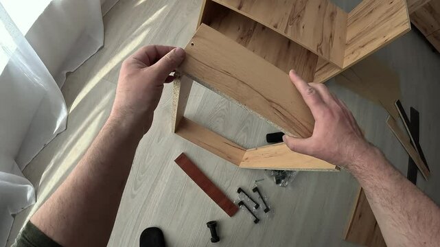 POV of house husband assembling furniture at home