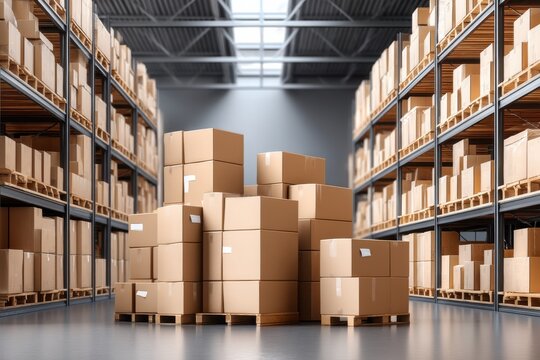 a warehouse, efficient storage solutions involve boxes and pallets for seamless logistics; organized shelves support distribution of stock, ensuring goods' supply and packaging security.