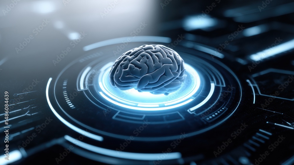 Poster a digital brain floats above a futuristic interface, symbolizing artificial intelligence and advance