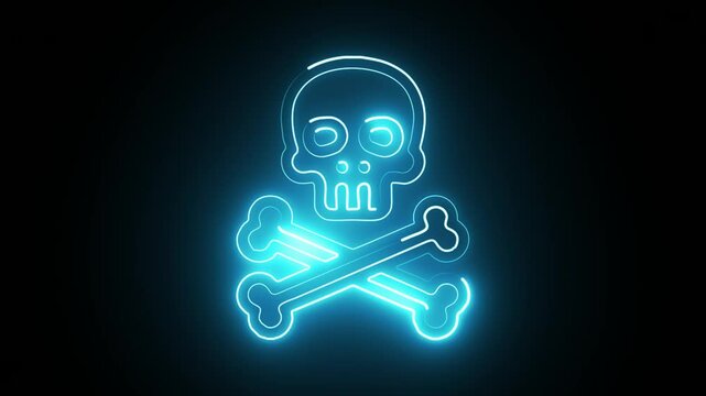Neon skull and crossbones sign illuminates against a dark background, representing danger.