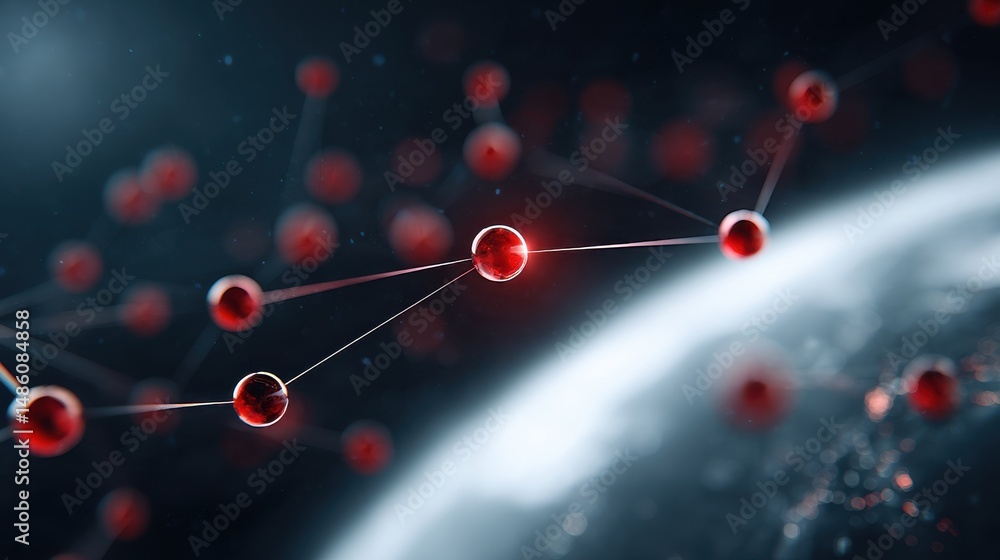 Poster red spheres connected by lines float above a planet, symbolizing a futuristic digital or molecular n