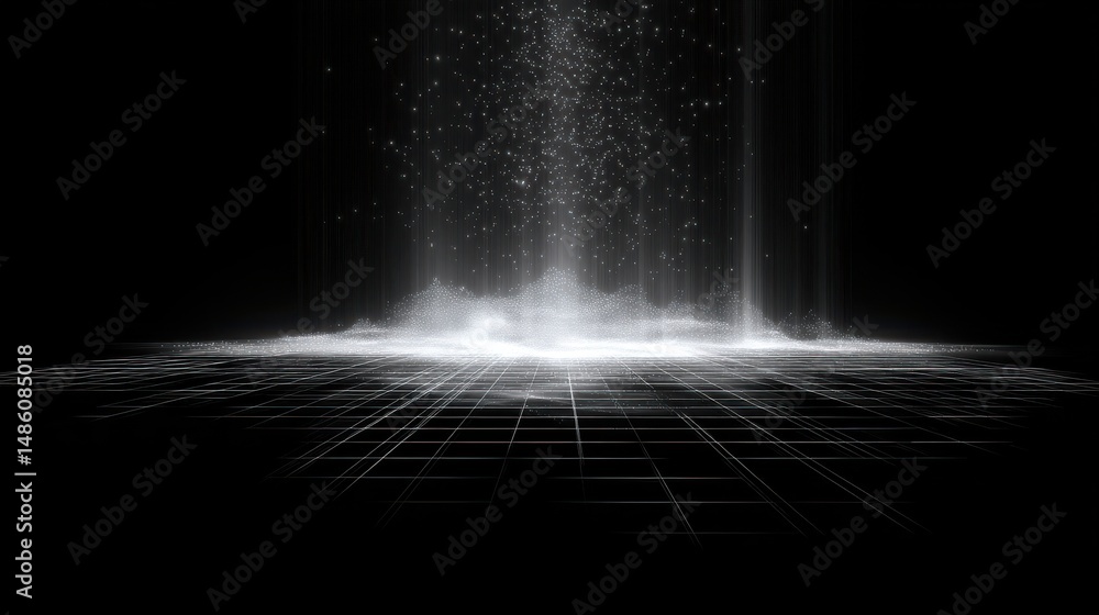 Poster a digital grid surface with glowing particles and beams, evoking a futuristic, high-tech, or data vi