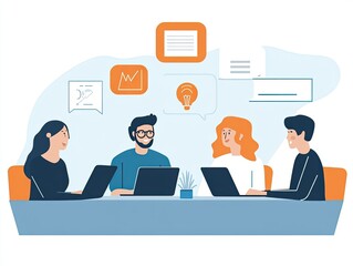 A diverse group of four individuals engaged in a collaborative workspace discussion, utilizing laptops, with colorful thought bubbles depicting ideas and data analysis in the background
