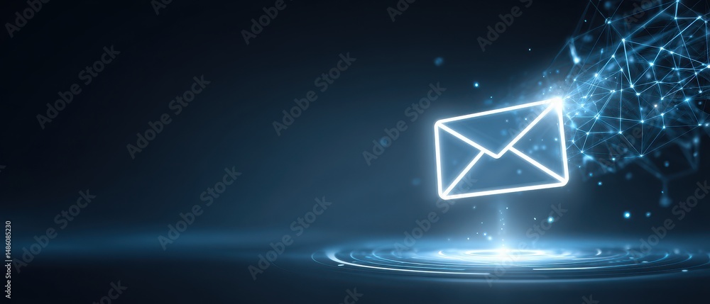Poster a glowing digital envelope emerges from a network, symbolizing electronic mail and data transmission