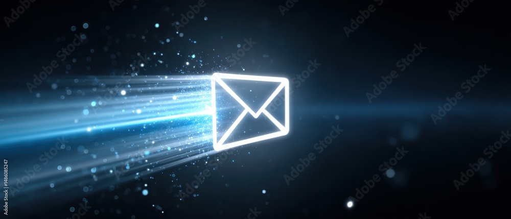 Poster a glowing envelope icon with light trails symbolizes fast digital communication on a dark background