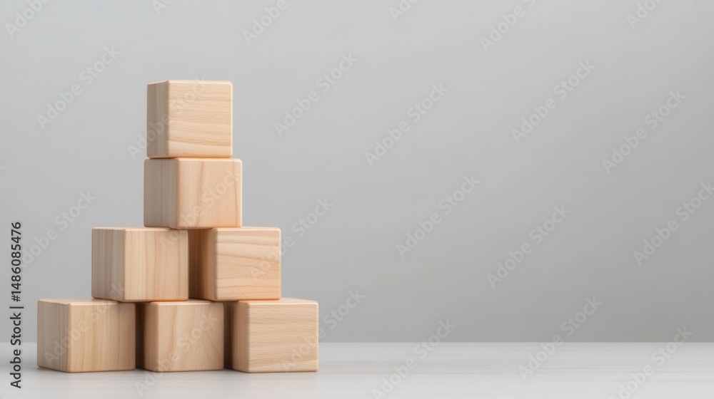 Poster stacked wooden blocks in a minimalist style on a light background