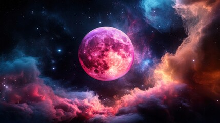 Obraz premium A floating pink moon with glowing textures, set against a surreal cosmic backdrop
