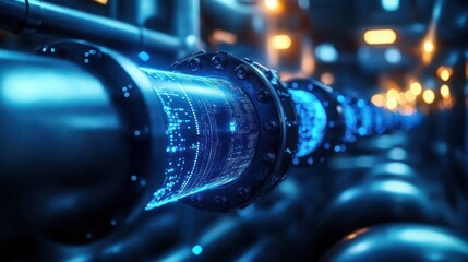 Close-up view of a futuristic metallic pipeline with glowing blue digital patterns and illuminated background lights creating a high-tech atmosphere