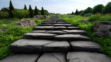 A stone pathway ascends a lush green hill under a bright sky, inviting exploration and symbolizing progress and natural beauty with trees and rocks surrounding it.