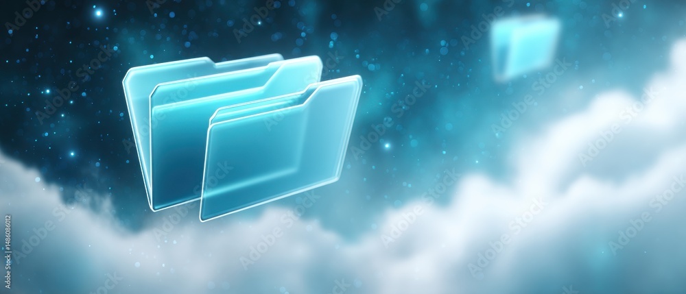 Poster digital file folders float among clouds, symbolizing cloud storage and data organization in a futuri