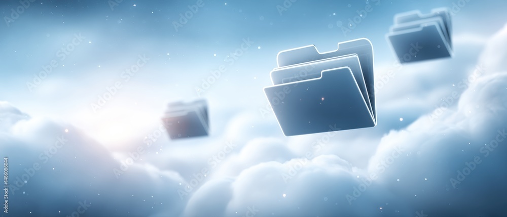 Poster digital folders floating among clouds, symbolizing cloud storage and online data management.