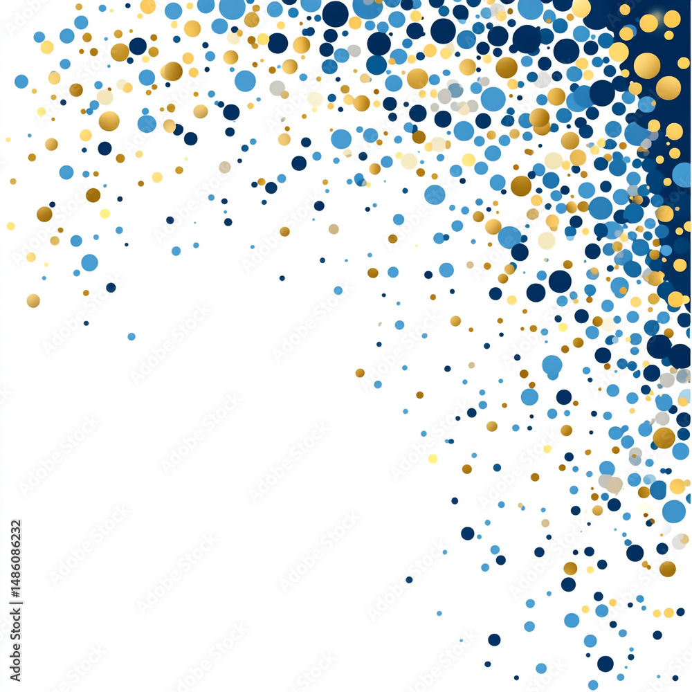 Poster abstract vector background with blue and gold dots, circles in the shape of an arch on a white backg
