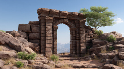 An ancient stone archway stands on a rocky hilltop, framing a distant mountain range under a bright blue sky with a lone tree adding a touch of green beauty.