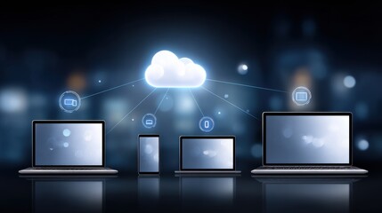 Various devices connected to a cloud network symbolizing cloud computing and data synchronization across multiple platforms.