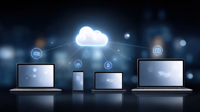 Various devices connected to a cloud network symbolizing cloud computing and data synchronization across multiple platforms.