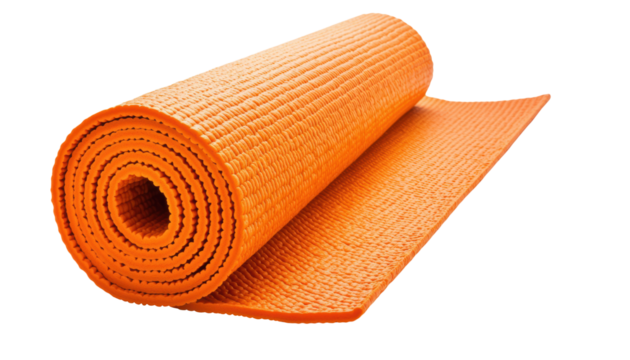 An orange rolled yoga mat with a textured surface designed for exercise and fitness routines.