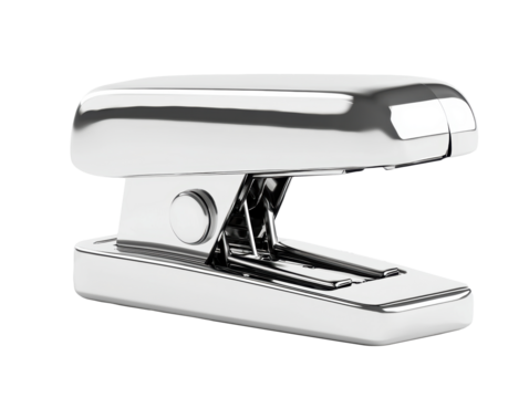 A sleek, metallic stapler with a modern, polished design.