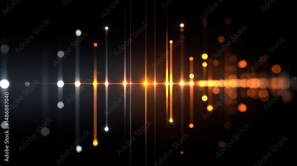 Poster a glowing digital soundwave visualizer with orange and white light lines and dots on a dark backgrou