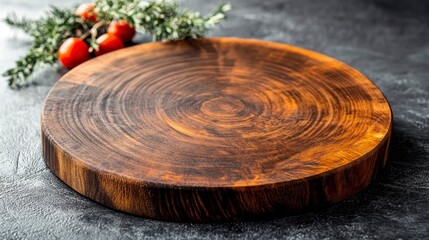 Obraz premium Round wooden cutting board on dark background with cherry tomatoes and rosemary.