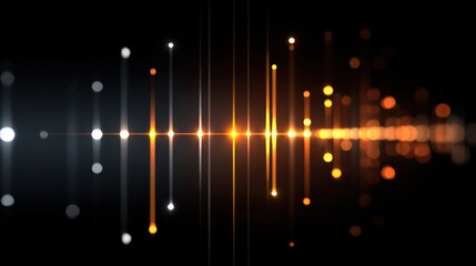A glowing digital soundwave visualizer with orange and white light lines and dots on a dark background.