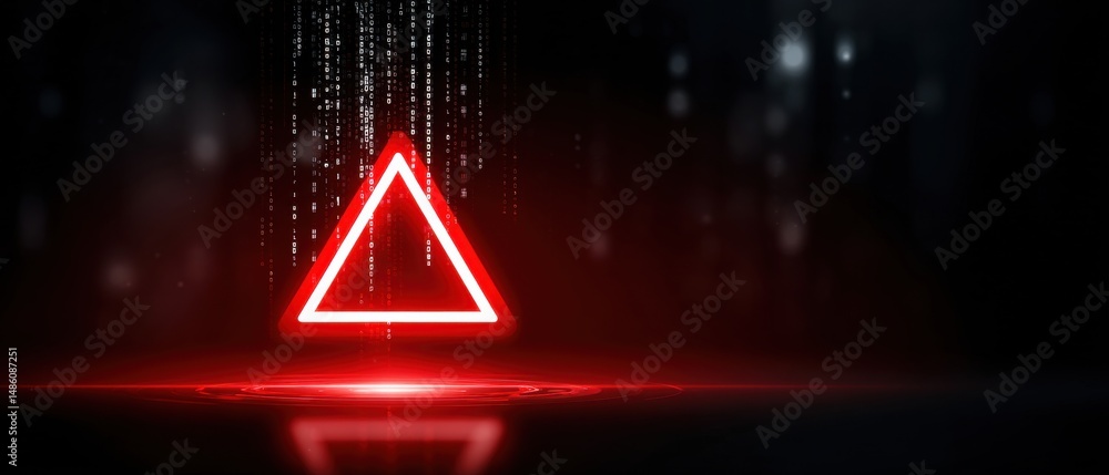 Poster a glowing red triangle with digital code falls from above in a dark, futuristic setting.