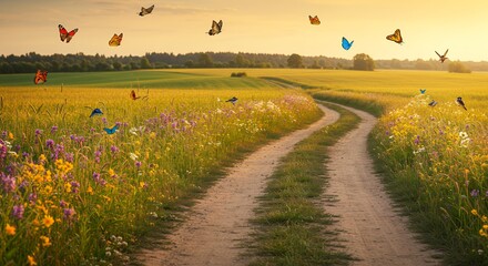 Butterflies Over Field, Dirt Road