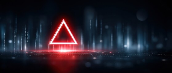 A glowing red neon triangle floats in a futuristic digital landscape with abstract light effects and binary code.
