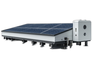 Solar-powered machine emitting bright light, sleek design with solar panels, gears and wires, white background. Isolated on transparent background.